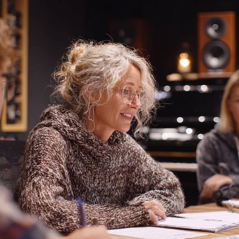 Eine Frau mit lockigem Haar in einem Studio, lächelnd und Notizen machend.