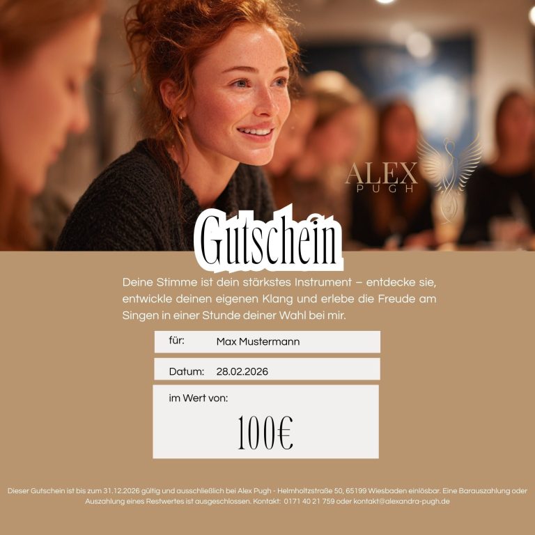 Beispiel Gutschein für eine Gesangstunde im Wert von 100 Euro, mit Name und Datum.