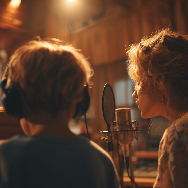Zwei Personen stehen vor einem Mikrofon im Aufnahmestudio.